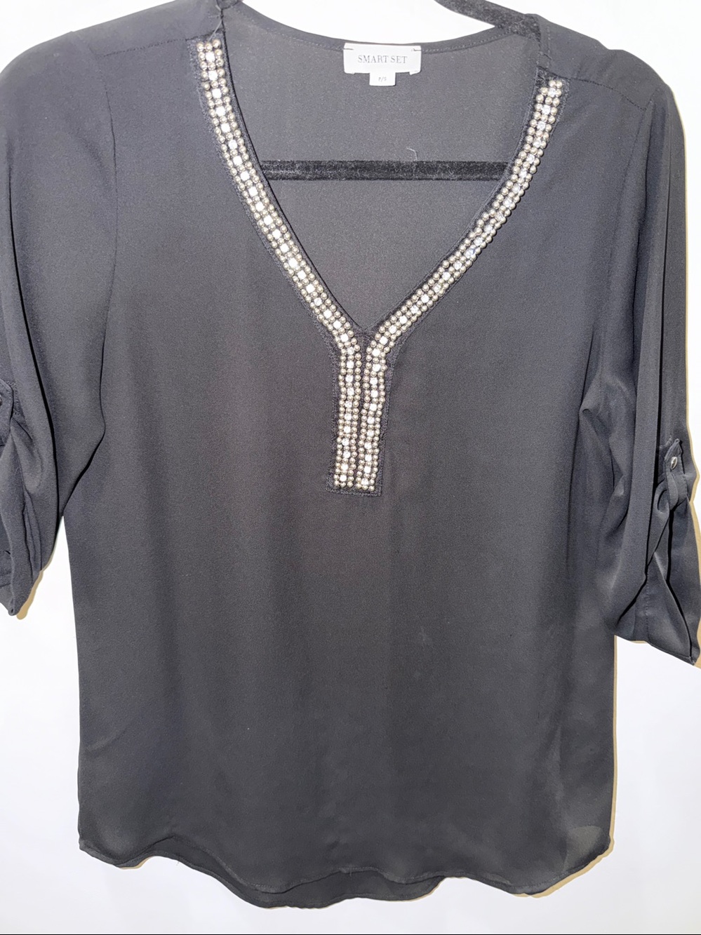 Smart Set Black V-Neck Blouse with Beaded Trim